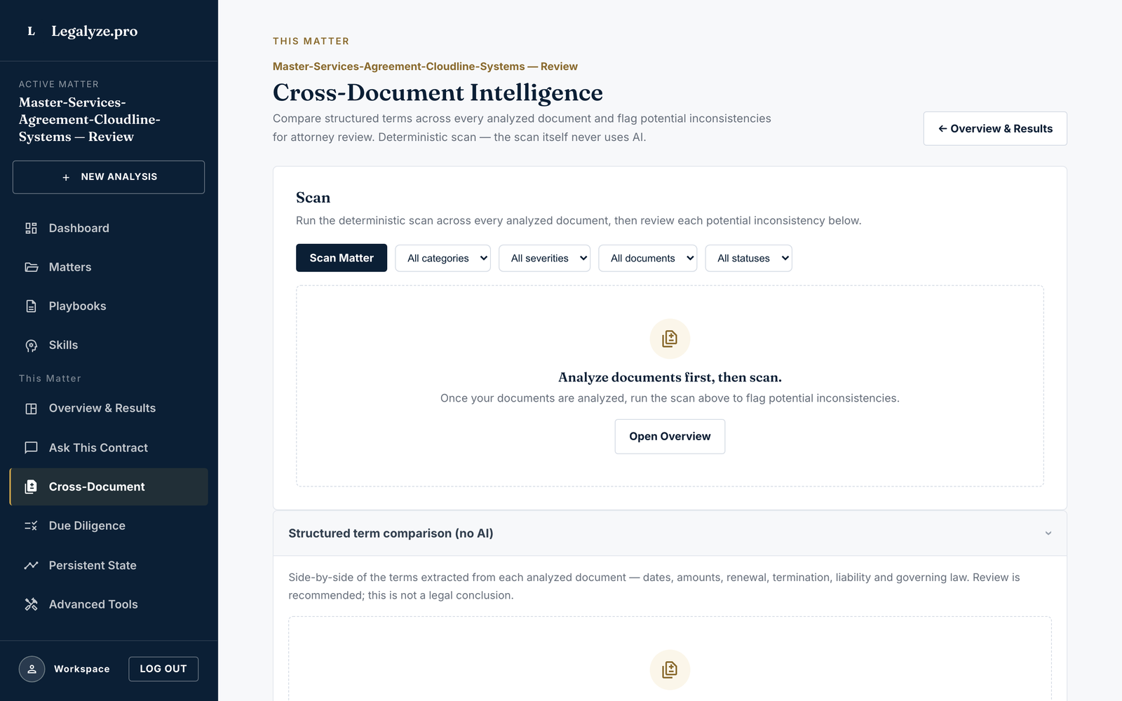 Legalyze.pro cross-document scan across a matter