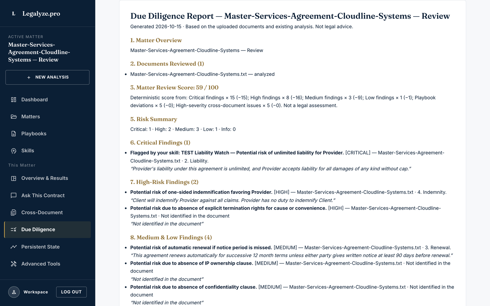 Legalyze.pro fourteen-section due diligence report